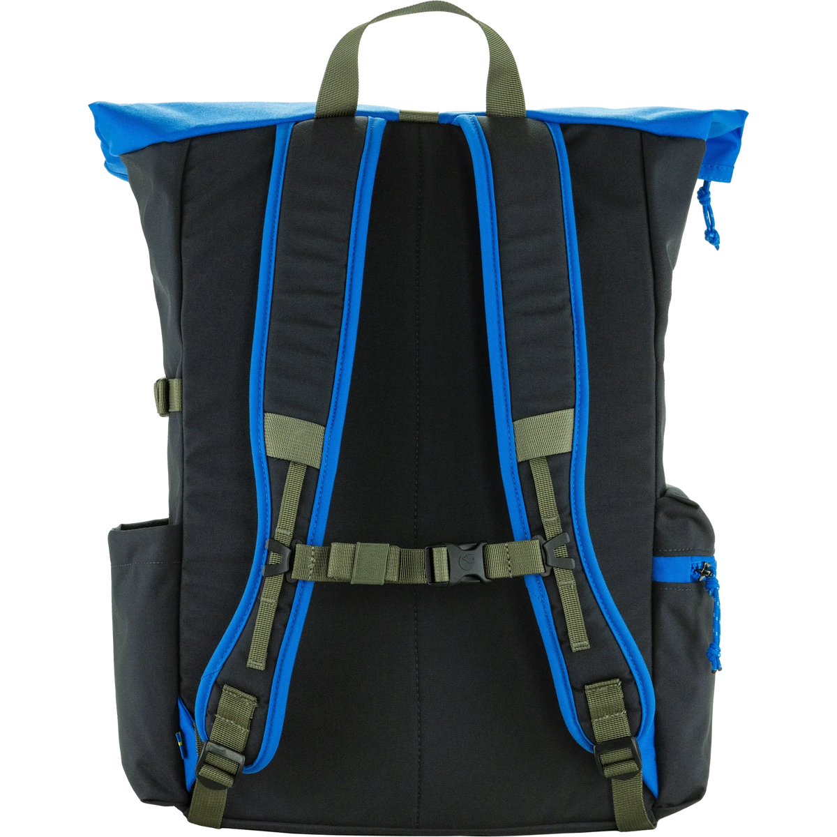 The back view of a black backpack with bright blue trim, olive green straps, and a top carry handle, isolated on a white background. - Fjällräven Vardag Foldsack 25 - Un Blue/Coal Black