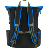 The back view of a black backpack with bright blue trim, olive green straps, and a top carry handle, isolated on a white background. - Fjällräven Vardag Foldsack 25 - Un Blue/Coal Black
