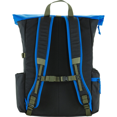 The back view of a black backpack with bright blue trim, olive green straps, and a top carry handle, isolated on a white background. - Fjällräven Vardag Foldsack 25 - Un Blue/Coal Black