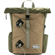 A Fjall Raven roll-top backpack in olive green and tan canvas, featuring a central vertical strap with a black buckle, two diamond-shaped black and gray quick-release buckles, side pockets, and a top carry handle on a white background. - Fjällräven Vardag Foldsack 25 - Green/Clay