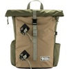 A Fjall Raven roll-top backpack in olive green and tan canvas, featuring a central vertical strap with a black buckle, two diamond-shaped black and gray quick-release buckles, side pockets, and a top carry handle on a white background. - Fjällräven Vardag Foldsack 25 - Green/Clay