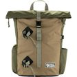A Fjall Raven roll-top backpack in olive green and tan canvas, featuring a central vertical strap with a black buckle, two diamond-shaped black and gray quick-release buckles, side pockets, and a top carry handle on a white background. - Fjällräven Vardag Foldsack 25 - Green/Clay
