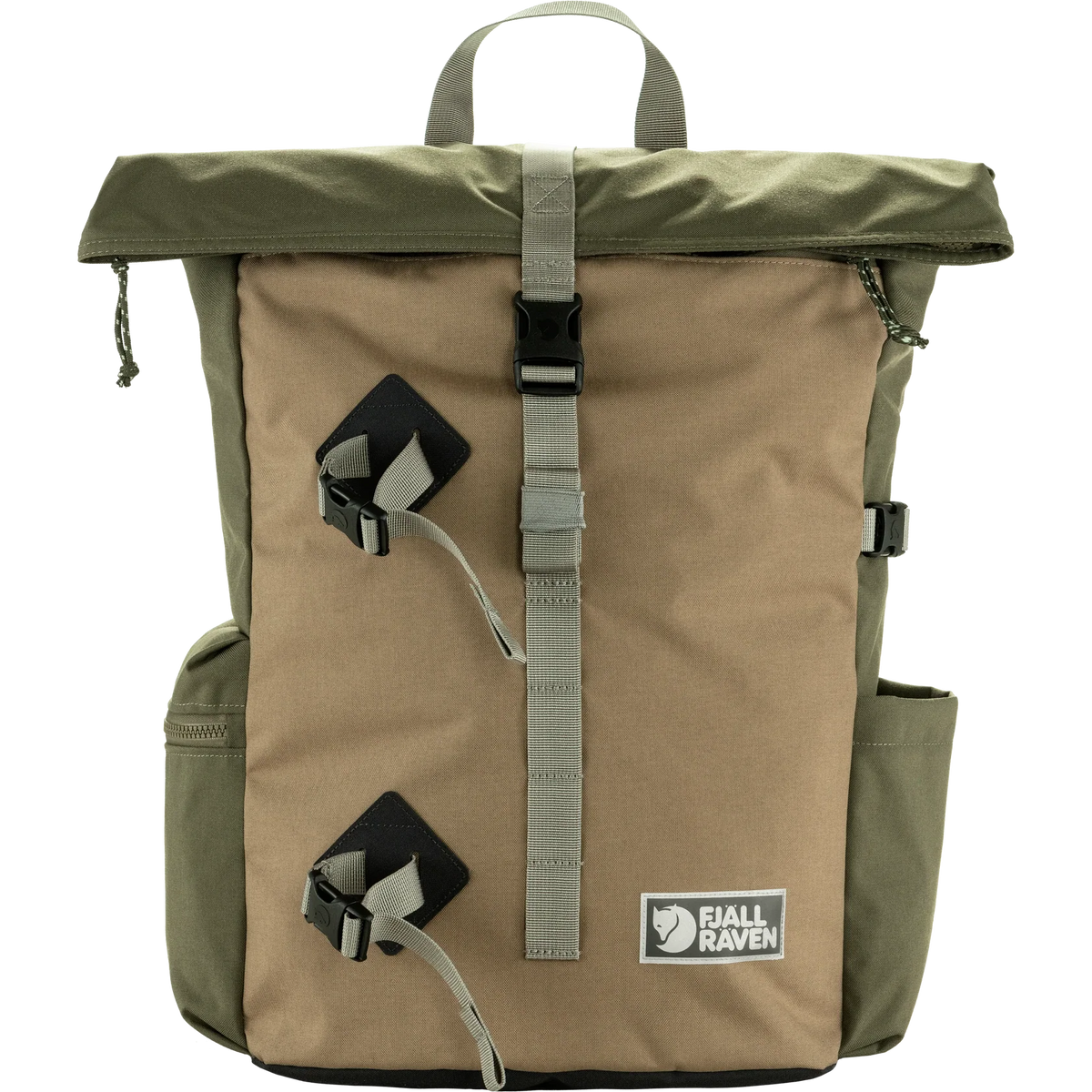 A Fjall Raven roll-top backpack in olive green and tan canvas, featuring a central vertical strap with a black buckle, two diamond-shaped black and gray quick-release buckles, side pockets, and a top carry handle on a white background. - Fjällräven Vardag Foldsack 25 - Green/Clay