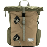 A Fjall Raven roll-top backpack in olive green and tan canvas, featuring a central vertical strap with a black buckle, two diamond-shaped black and gray quick-release buckles, side pockets, and a top carry handle on a white background. - Fjällräven Vardag Foldsack 25 - Green/Clay