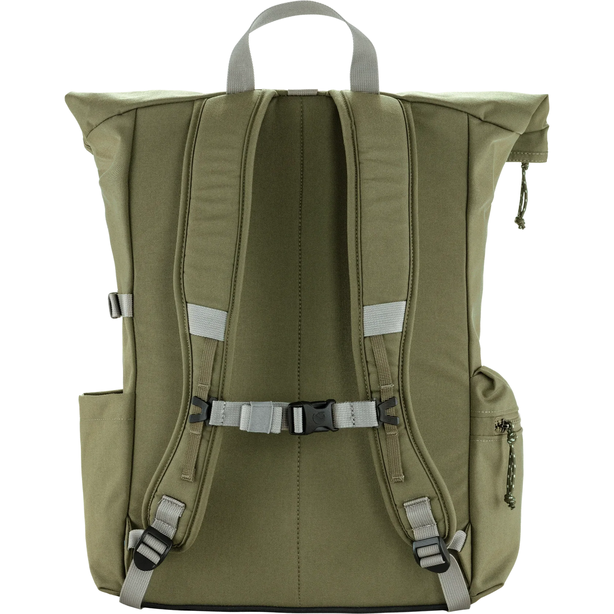 The back view of an olive green roll-top backpack with gray straps, buckles, and reflective details, shown against a solid white background. - Fjällräven Vardag Foldsack 25 - Green/Clay
