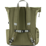 The back view of an olive green roll-top backpack with gray straps, buckles, and reflective details, shown against a solid white background. - Fjällräven Vardag Foldsack 25 - Green/Clay