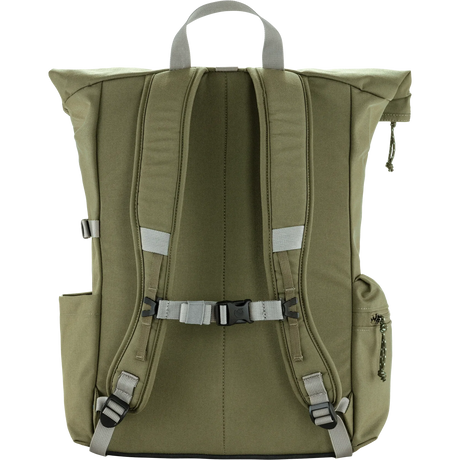 The back view of an olive green roll-top backpack with gray straps, buckles, and reflective details, shown against a solid white background. - Fjällräven Vardag Foldsack 25 - Green/Clay
