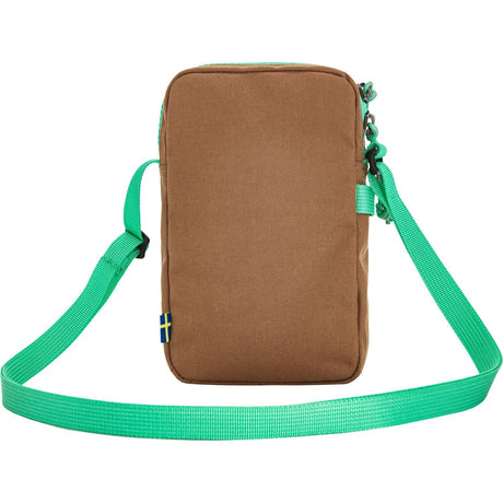 Brown rectangular bag with a green strap on a white background - Fjällräven Vardag Pocket Small - Poppy Pink/Khaki Dust