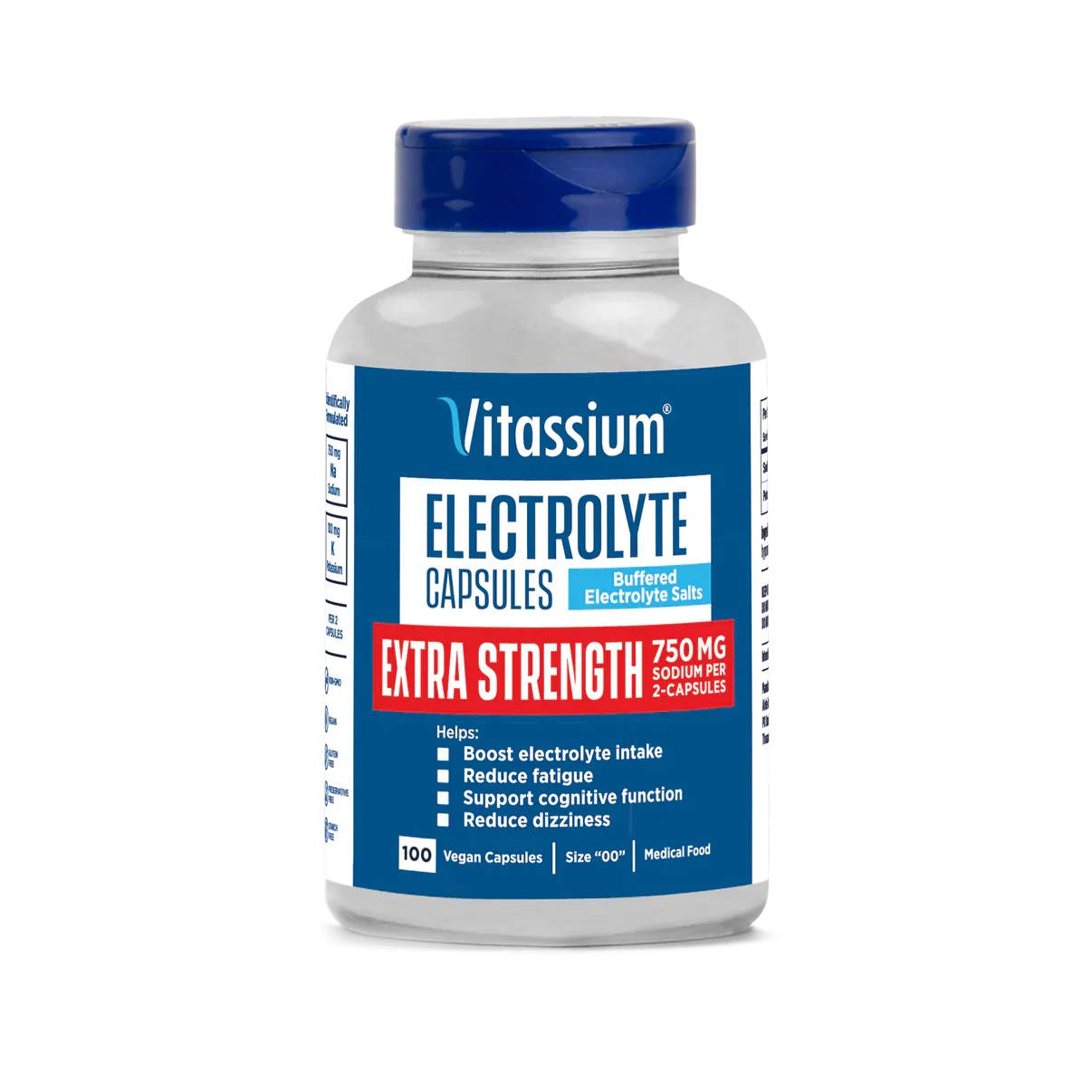 Vitassium Electrolyte Capsules Extra Strength supplement bottle with a blue cap and blue label, shown on a plain white background. - SaltStick Vitassium Extra Strength Capsules