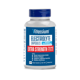 Vitassium Electrolyte Capsules Extra Strength supplement bottle with a blue cap and blue label, shown on a plain white background. - SaltStick Vitassium Extra Strength Capsules