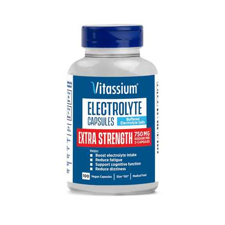 Vitassium Electrolyte Capsules Extra Strength supplement bottle with a blue cap and blue label, shown on a plain white background. - SaltStick Vitassium Extra Strength Capsules