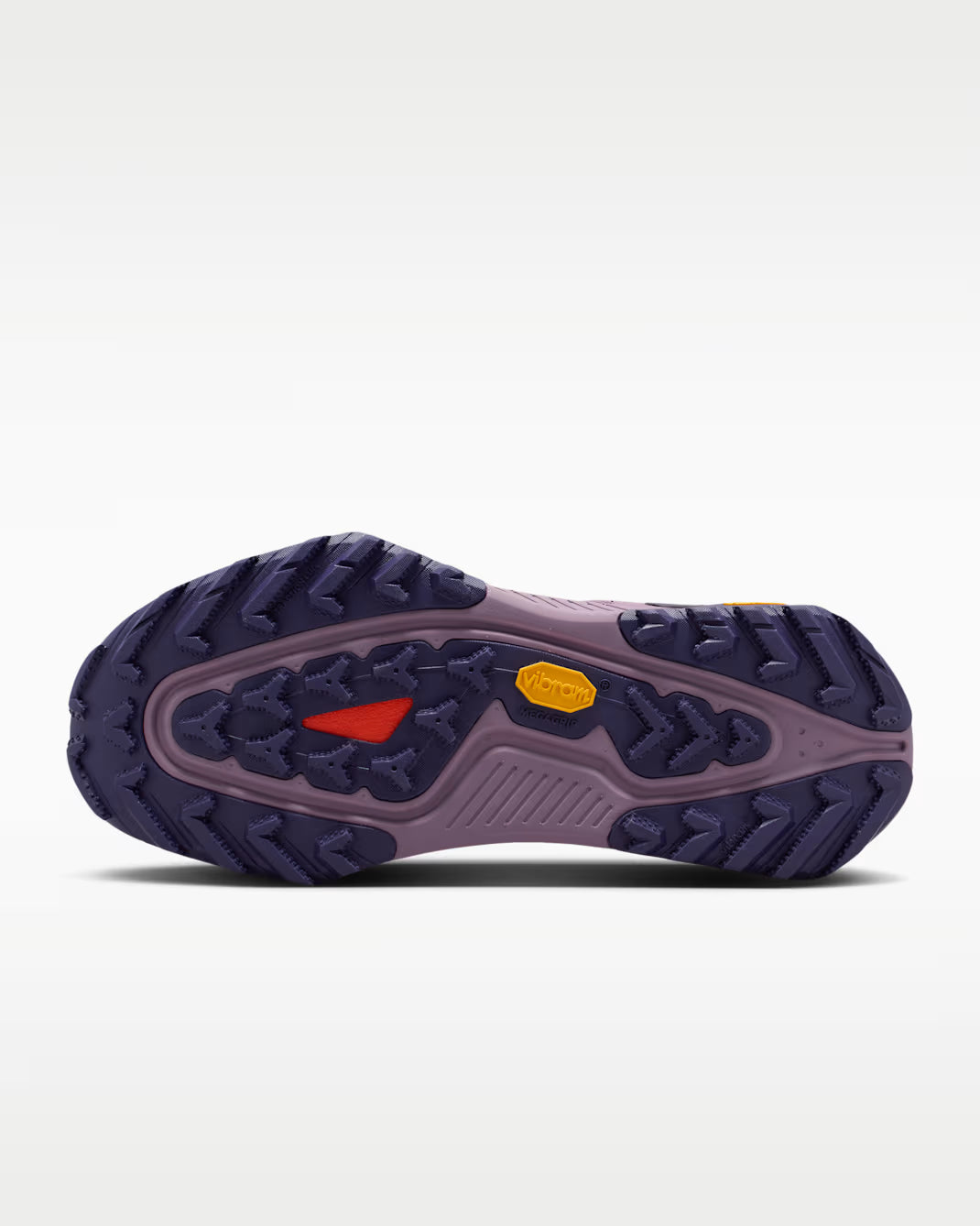 A Nike ACG ZEGAMA ZOOMX trail running shoe in a light lavender and purple colorway, featuring a textured mesh upper, a purple Swoosh, and a purple Vibram outsole, shown from a side profile on a light gray background.