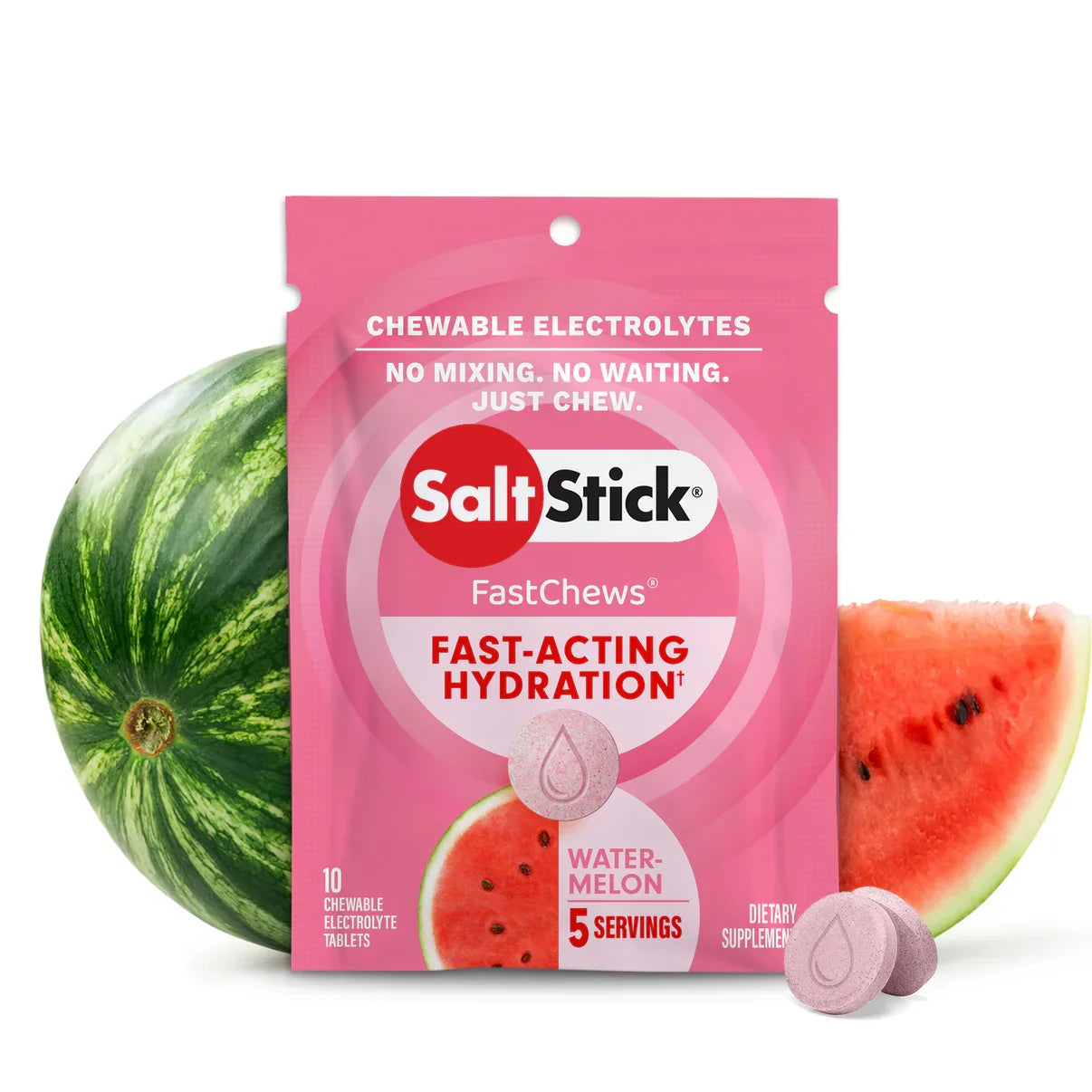 SaltStick FastChews package with watermelon and a slice of watermelon on a white background - SaltStick FastChews - Watermelon Single