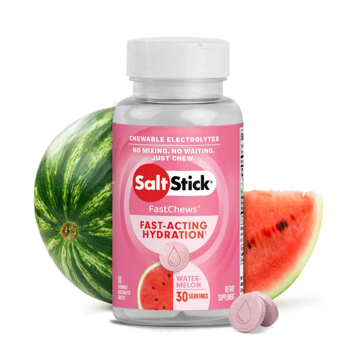 SaltStick FastChews bottle with watermelon flavor next to a whole and sliced watermelon on a white background - SaltStick FastChews - Watermelon Bottle