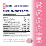 Supplement facts label for chewable tablets, showing a serving size of 2 tablets, a nutrition facts table with supplement amounts, and a pink side panel with icons for Non-GMO, Gluten Free, Vegan, and Natural Flavor. - SaltStick FastChews - Watermelon 