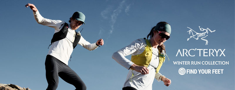 2 trail runners dressed in arc'teryx apparel and gear and the arteryx logo in white