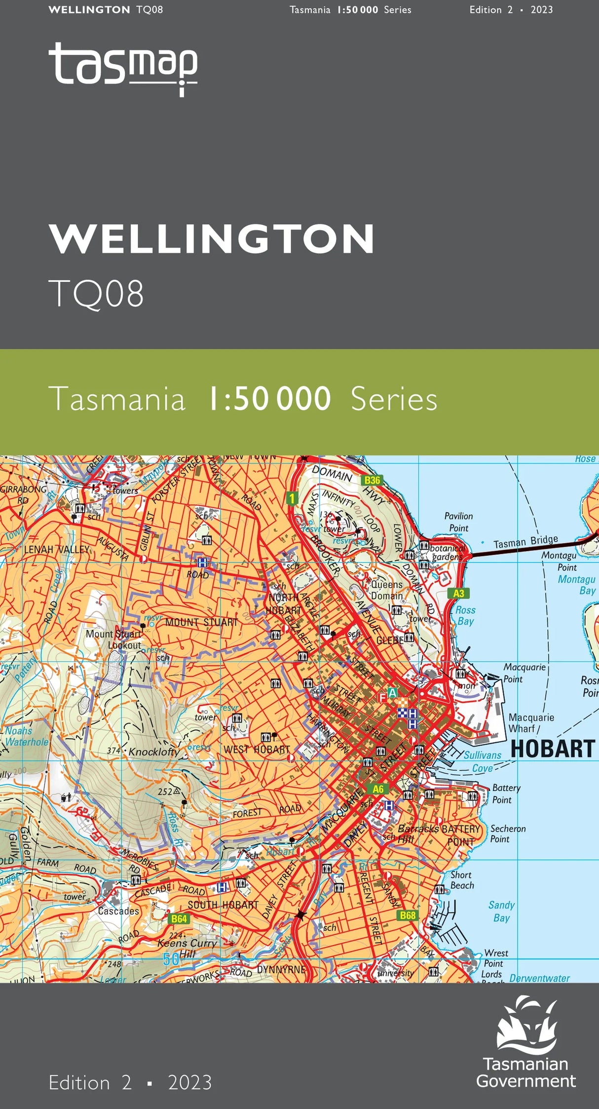 Front cover of a Tasmap Wellington TQ8 map publication showing a detailed topographic map of Wellington, Tasmania, with the Tasmap logo at the top and edition details at the bottom. - Tasmap 1:50000 Topographic/Cadastral Maps - Wellington