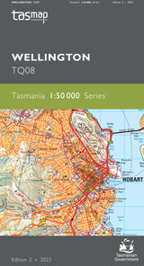Front cover of a Tasmap Wellington TQ8 map publication showing a detailed topographic map of Wellington, Tasmania, with the Tasmap logo at the top and edition details at the bottom. - Tasmap 1:50000 Topographic/Cadastral Maps - Wellington