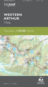 Tasmap Western Arthur TR06 topographical map cover, Edition 2, 2022, featuring a dark gray header and footer with white text and a green band across the center showing the series title over a map illustration. - Tasmap 1:50000 Topographic/Cadastral Maps - Western Arthur