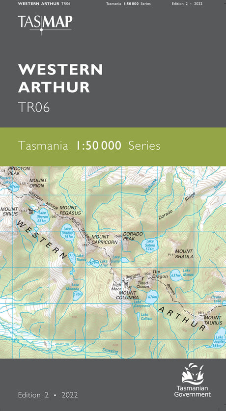 Tasmap Western Arthur TR06 topographical map cover, Edition 2, 2022, featuring a dark gray header and footer with white text and a green band across the center showing the series title over a map illustration. - Tasmap 1:50000 Topographic/Cadastral Maps - Western Arthur