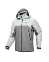 A colorblock Arc'teryx ski jacket in light gray and medium gray, featuring a full-zip front, hood, and zippered hand pockets, shown on a plain white background. - Arc'teryx Beta AR GORE-TEX Jacket (Men's) - Solitude/Void