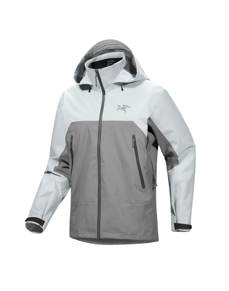 A colorblock Arc'teryx ski jacket in light gray and medium gray, featuring a full-zip front, hood, and zippered hand pockets, shown on a plain white background. - Arc'teryx Beta AR GORE-TEX Jacket (Men's) - Solitude/Void