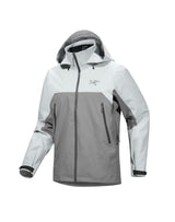 A colorblock Arc'teryx ski jacket in light gray and medium gray, featuring a full-zip front, hood, and zippered hand pockets, shown on a plain white background. - Arc'teryx Beta AR GORE-TEX Jacket (Men's) - Solitude/Void