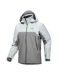A colorblock Arc'teryx ski jacket in light gray and medium gray, featuring a full-zip front, hood, and zippered hand pockets, shown on a plain white background. - Arc'teryx Beta AR GORE-TEX Jacket (Men's) - Solitude/Void