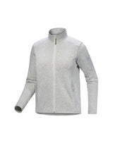 A light gray heathered zip-up jacket with a stand-up collar, shown on a plain white background. - Arc'teryx Covert Cardigan (Women's) - Atmos Heather