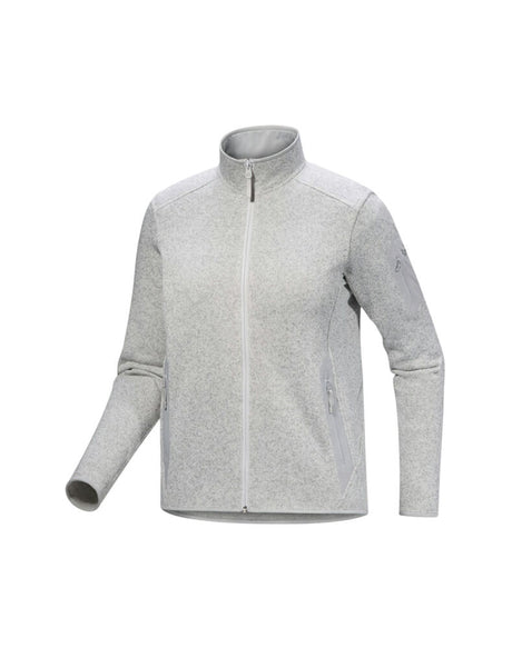 A light gray heathered zip-up jacket with a stand-up collar, shown on a plain white background. - Arc'teryx Covert Cardigan (Women's) - Atmos Heather