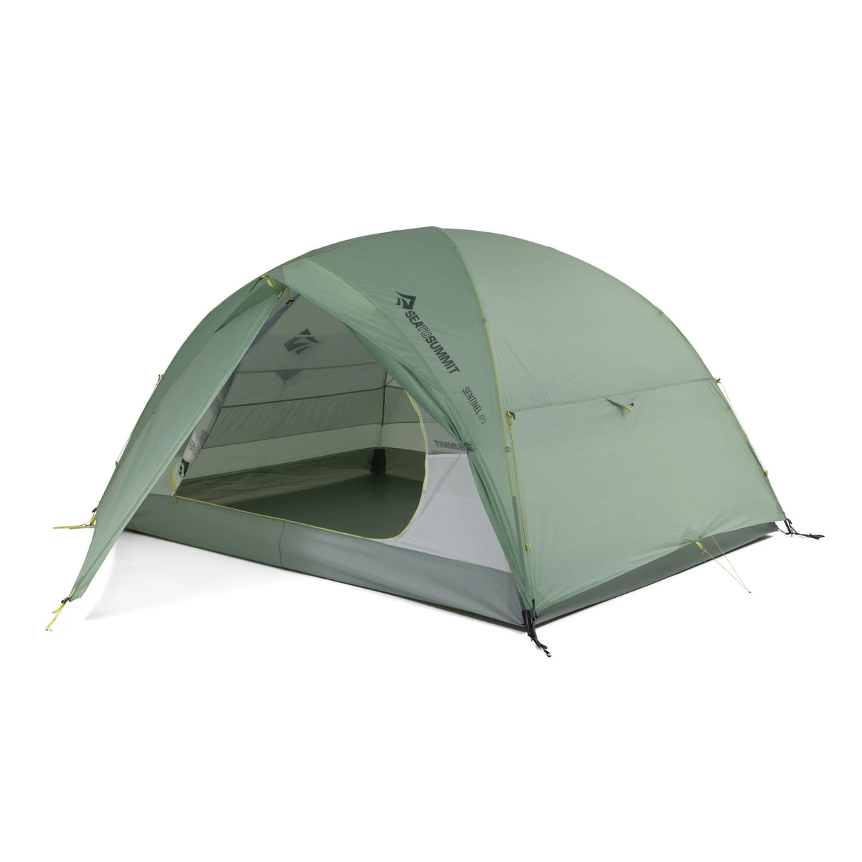 A green dome-style camping tent with mesh side panels and yellow guy lines, shown on a plain white background. - Sea to Summit Sentinel Tent - XP3