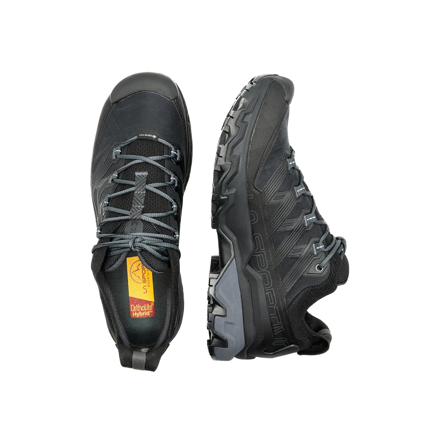 A pair of black outdoor trail running shoes shown from the top and side views against a plain white background. The brand 'Outshines' is visible on a yellow label inside the shoe. - La Sportiva Ultra Raptor 3 GORE-TEX Shoes (Men's) - Black
