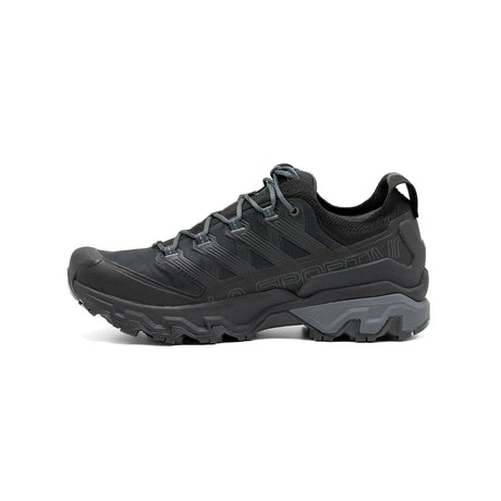 Black and gray athletic shoe with yellow accents on a white background - La Sportiva Ultra Raptor 3 GORE-TEX Shoes (Men's) - Black