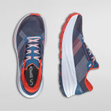 Pair of blue and red running shoes on a light gray background - La Sportiva Prodigio Max Shoes (Men's) - Night Sky/Mountain Red