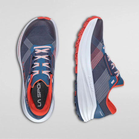 Pair of blue and red running shoes on a light gray background - La Sportiva Prodigio Max Shoes (Men's) - Night Sky/Mountain Red