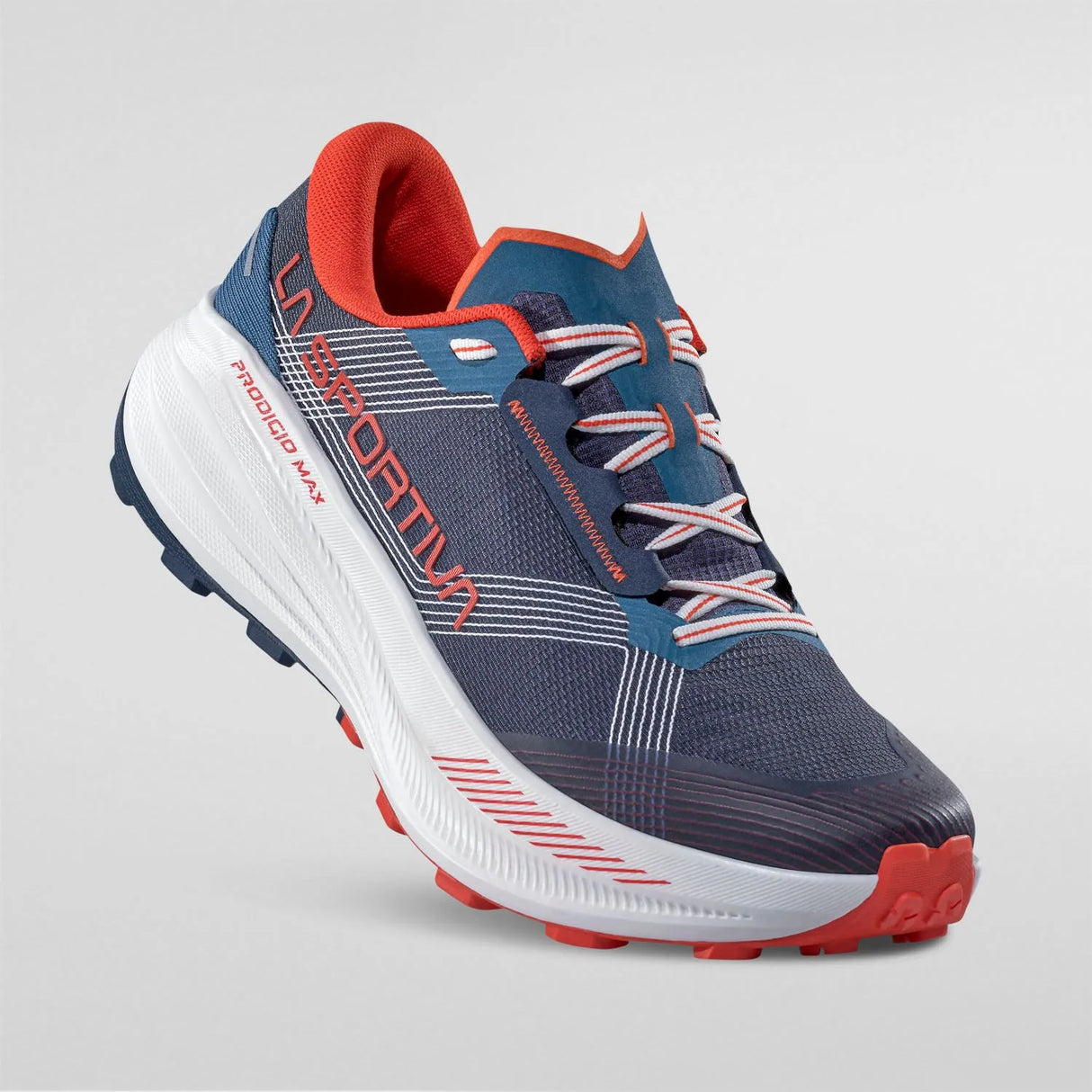 Blue and red running shoe with white sole on a gray background - La Sportiva Prodigio Max Shoes (Men's) - Night Sky/Mountain Red