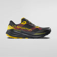 Black and yellow running shoe with 'La Sportiva' branding on a gray background - La Sportiva Prodigio Max Shoes (Men's) - Black/Yellow