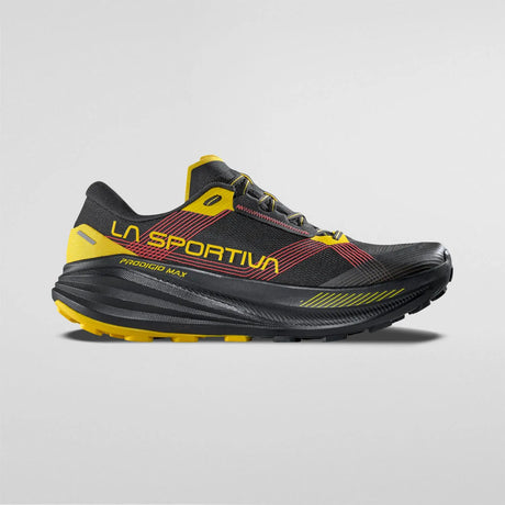Black and yellow running shoe with 'La Sportiva' branding on a gray background - La Sportiva Prodigio Max Shoes (Men's) - Black/Yellow