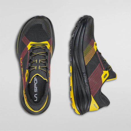 Black and yellow running shoes with 'La Sportiva' branding on a light gray background - La Sportiva Prodigio Max Shoes (Men's) - Black/Yellow