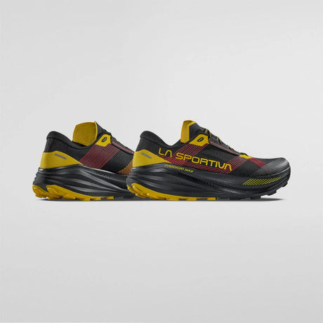 Black and yellow running shoes with 'La Sportiva' branding on a light gray background - La Sportiva Prodigio Max Shoes (Men's) - Black/Yellow