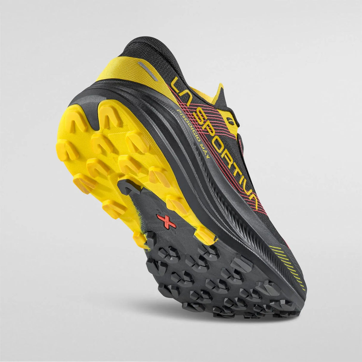 Black and yellow trail running shoe with textured sole on a gray background - La Sportiva Prodigio Max Shoes (Men's) - Black/Yellow