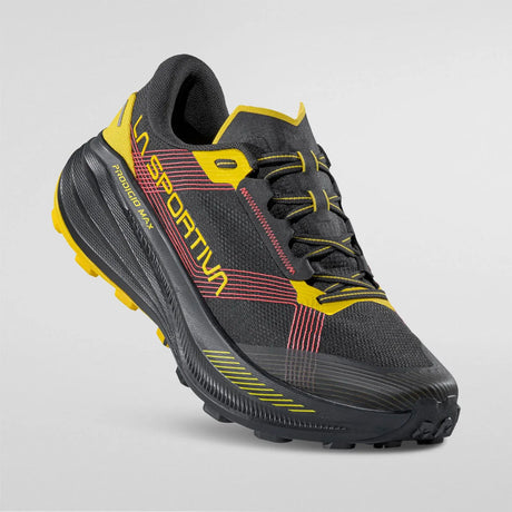 Black and yellow running shoe with 'La Sportiva' branding on a gray background - La Sportiva Prodigio Max Shoes (Men's) - Black/Yellow