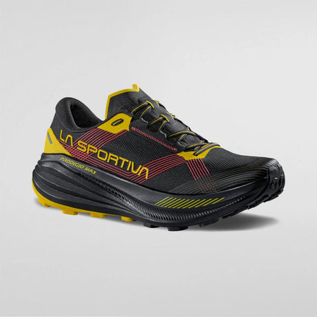 Black and yellow running shoe with 'La Sportiva' branding on a gray background - La Sportiva Prodigio Max Shoes (Men's) - Black/Yellow