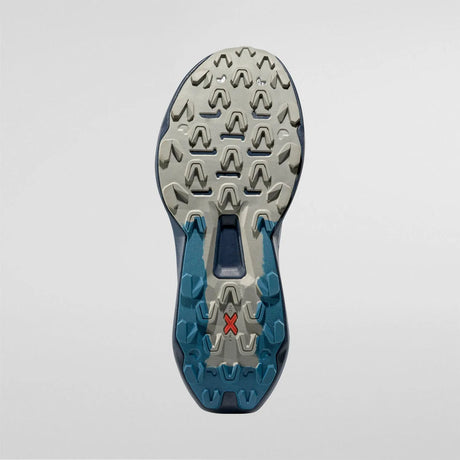 Close-up of a shoe sole with a brand logo on a light gray background - La Sportiva Prodigio 2 Shoes (Men's) - Lake/Night Sky