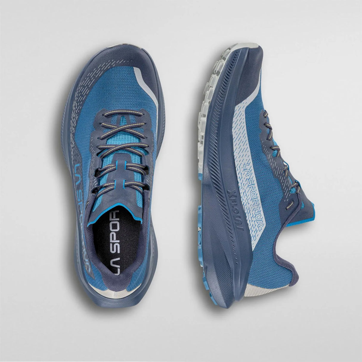 Blue running shoes with white accents on a light gray background - La Sportiva Prodigio 2 Shoes (Men's) - Lake/Night Sky