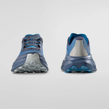 Pair of blue running shoes shown from the back on a light gray background - La Sportiva Prodigio 2 Shoes (Men's) - Lake/Night Sky