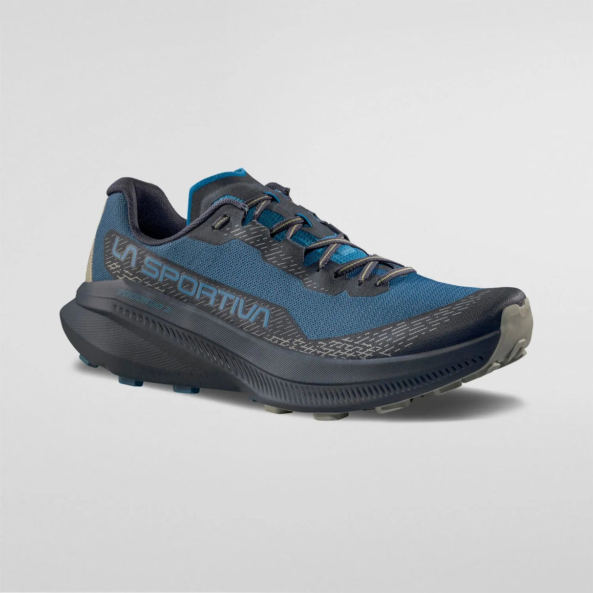 Blue and gray running shoe on a light gray background - La Sportiva Prodigio 2 Shoes (Men's) - Lake/Night Sky