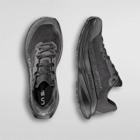 A pair of dark gray and black La Sportiva Merzli running shoes, shown from the top and side views on a light gray background. - La Sportiva Prodigio 2 GORE-TEX Shoes (Women's) - Black/Reflective