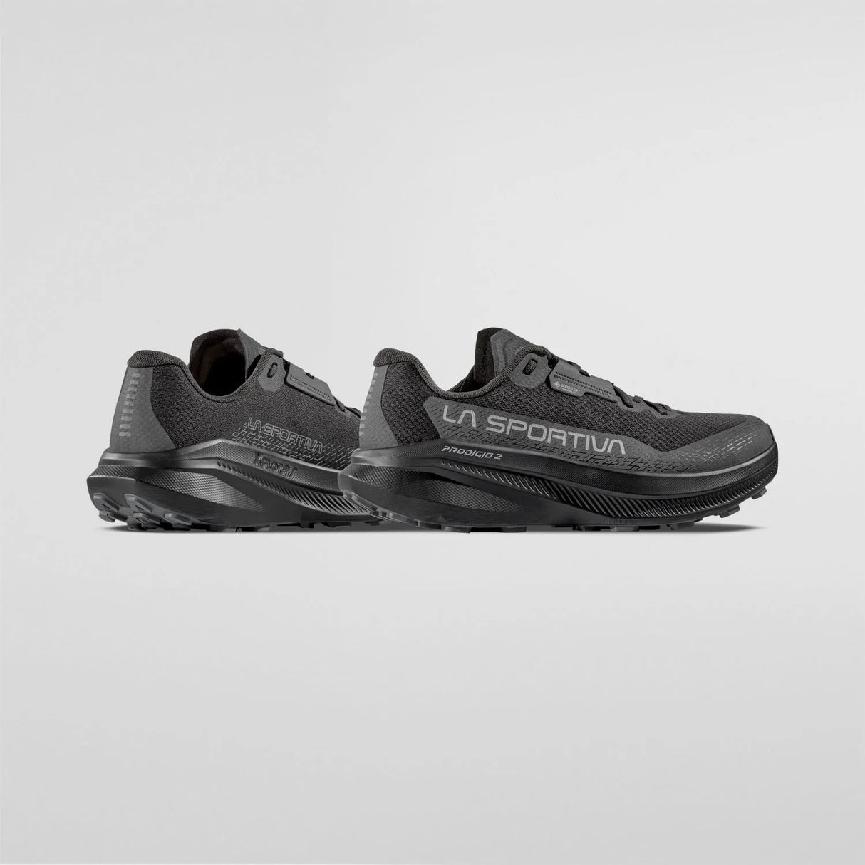 Pair of La Sportiva running shoes on a light gray background - La Sportiva Prodigio 2 GORE-TEX Shoes (Men's) - Black/Reflective