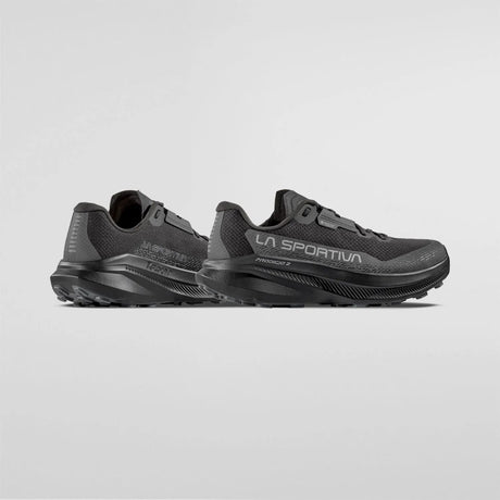 Pair of La Sportiva running shoes on a light gray background - La Sportiva Prodigio 2 GORE-TEX Shoes (Women's) - Black/Reflective